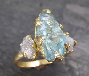 Raw Uncut Aquamarine Diamond Gold Engagement Ring Wedding 18k Ring Custom One Of a Kind Gemstone Bespoke Three stone Ring - by Angeline