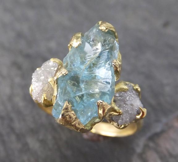 Raw Uncut Aquamarine Diamond Gold Engagement Ring Wedding 18k Ring Custom One Of a Kind Gemstone Bespoke Three stone Ring - by Angeline