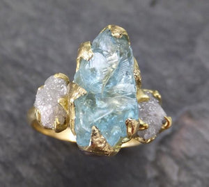 Raw Uncut Aquamarine Diamond Gold Engagement Ring Wedding 18k Ring Custom One Of a Kind Gemstone Bespoke Three stone Ring - by Angeline