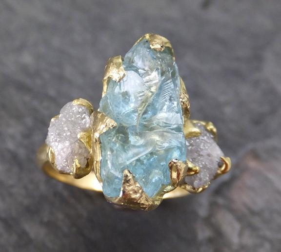 Raw Uncut Aquamarine Diamond Gold Engagement Ring Wedding 18k Ring Custom One Of a Kind Gemstone Bespoke Three stone Ring - Gemstone ring by Angeline