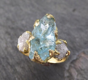 Raw Uncut Aquamarine Diamond Gold Engagement Ring Wedding 18k Ring Custom One Of a Kind Gemstone Bespoke Three stone Ring - by Angeline