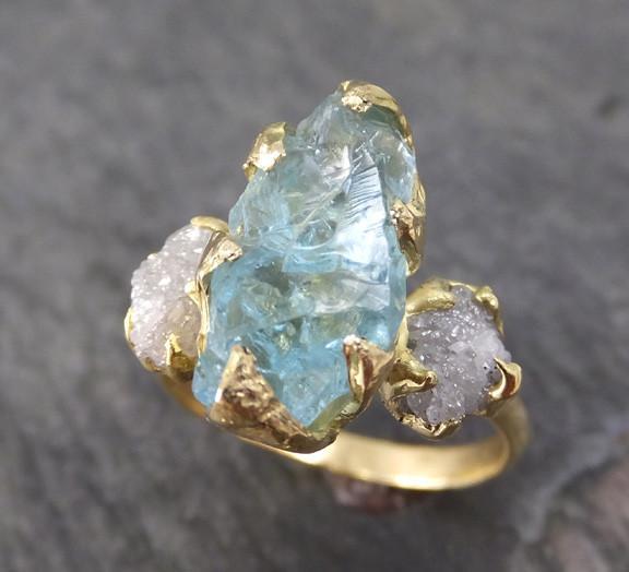 Raw Uncut Aquamarine Diamond Gold Engagement Ring Wedding 18k Ring Custom One Of a Kind Gemstone Bespoke Three stone Ring - by Angeline