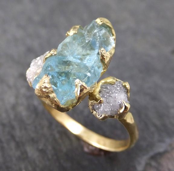 Raw Uncut Aquamarine Diamond Gold Engagement Ring Wedding 18k Ring Custom One Of a Kind Gemstone Bespoke Three stone Ring - by Angeline