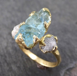 Raw Uncut Aquamarine Diamond Gold Engagement Ring Wedding 18k Ring Custom One Of a Kind Gemstone Bespoke Three stone Ring - by Angeline