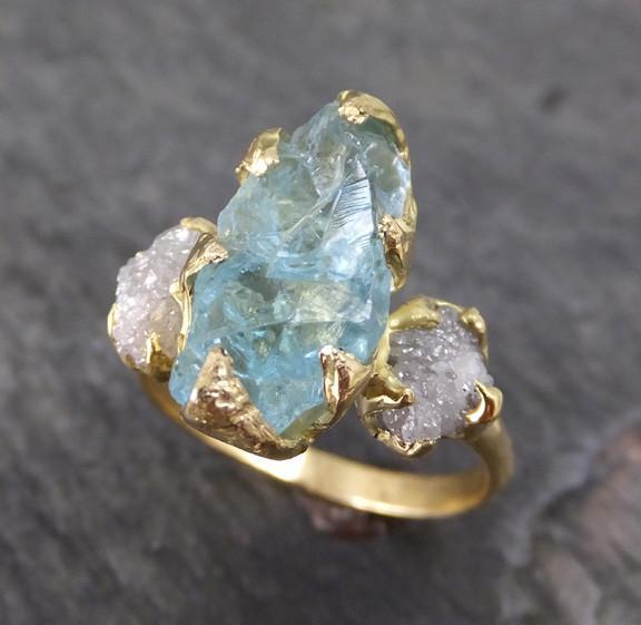 Raw Uncut Aquamarine Diamond Gold Engagement Ring Wedding 18k Ring Custom One Of a Kind Gemstone Bespoke Three stone Ring - by Angeline