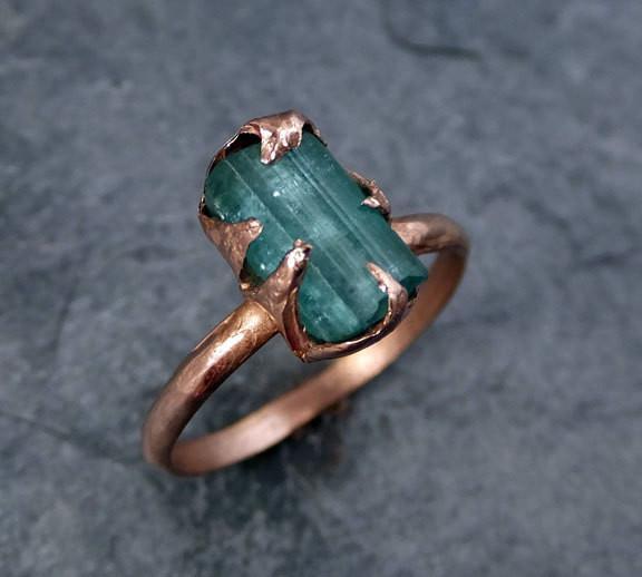 Raw Green Tourmaline Rose Gold Ring Rough Uncut Gemstone tourmaline recycled stacking cocktail statement byAngeline - by Angeline