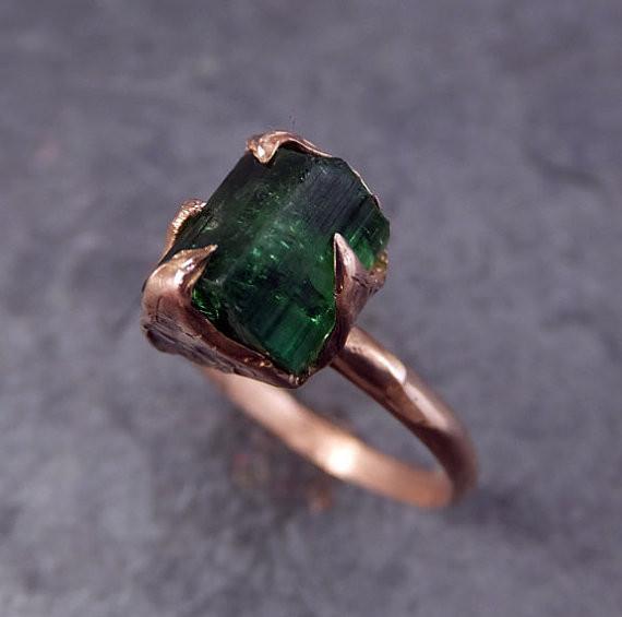Raw Green Tourmaline Rose Gold Ring Rough Uncut Gemstone tourmaline recycled stacking cocktail statement by Angeline - by Angeline
