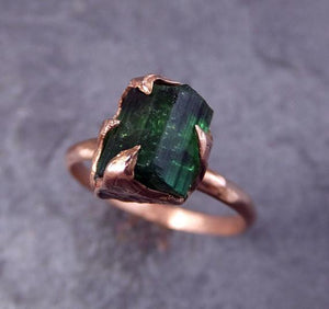 Raw Green Tourmaline Rose Gold Ring Rough Uncut Gemstone tourmaline recycled stacking cocktail statement by Angeline - by Angeline