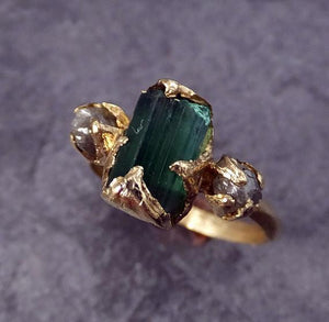 Raw green Tourmaline Diamond Gold Engagement Ring Wedding Ring Custom One Of a Kind Gemstone Ring Bespoke Three stone Ring by Angeline - by Angeline