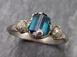 Raw blue green Indicolite Tourmaline Diamond White Gold Engagement Ring Wedding Ring One Of a Kind Gemstone Ring Bespoke Multi stone Ring 0853 - Gemstone ring by Angeline