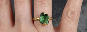 Raw Green Tourmaline yellow Gold Ring Rough Uncut Gemstone solitaire tourmaline recycled 14k cocktail statement byAngeline 0860 - Gemstone ring by Angeline