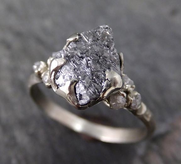 Rough Diamond Engagement Ring Raw 14k White Gold Wedding Ring Wedding Set diamond three stone Rough Diamond Ring 0117 - by Angeline