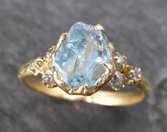 Raw Uncut Aquamarine Diamond Gold Engagement Ring Wedding 18k Ring Custom One Of a Kind Gemstone Bespoke Three stone Ring - by Angeline