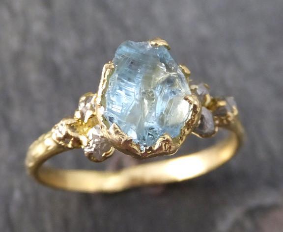 Raw Uncut Aquamarine Diamond Gold Engagement Ring Wedding 18k Ring Custom One Of a Kind Gemstone Bespoke Three stone Ring - by Angeline