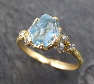 Raw Uncut Aquamarine Diamond Gold Engagement Ring Wedding 18k Ring Custom One Of a Kind Gemstone Bespoke Three stone Ring - by Angeline