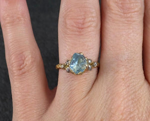 Raw Uncut Aquamarine Diamond Gold Engagement Ring Wedding 18k Ring Custom One Of a Kind Gemstone Bespoke Three stone Ring - by Angeline