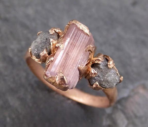 Raw Pink Tourmaline Diamond 14k Rose Gold Engagement Ring Wedding Ring One Of a Kind Gemstone Ring Bespoke Three stone Ring 0134 - by Angeline