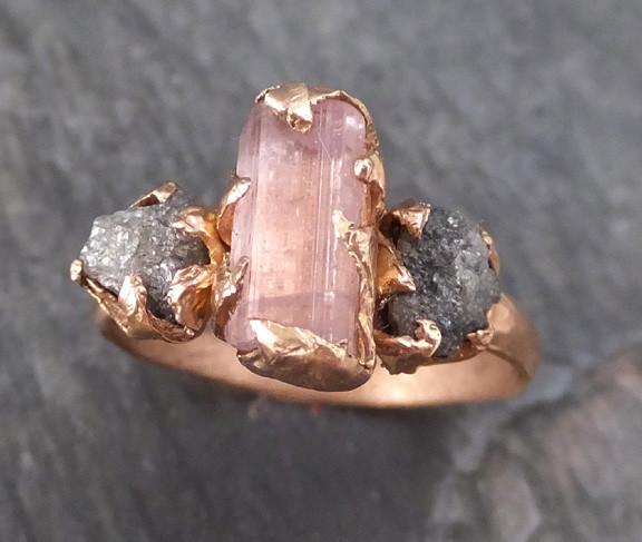 Raw Pink Tourmaline Diamond 14k Rose Gold Engagement Ring Wedding Ring One Of a Kind Gemstone Ring Bespoke Three stone Ring 0134 - by Angeline
