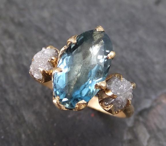 Aquamarine Raw Uncut Diamond Gold Engagement Ring Wedding Ring Custom One Of a Kind Gemstone Ring Bespoke Three stone Ring - by Angeline