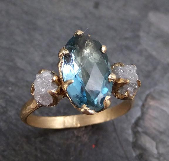Aquamarine Raw Uncut Diamond Gold Engagement Ring Wedding Ring Custom One Of a Kind Gemstone Ring Bespoke Three stone Ring - by Angeline