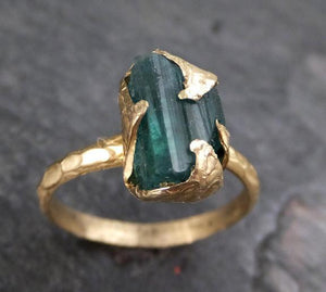 Raw Green Tourmaline Gold Ring Rough Uncut Gemstone tourmaline recycled 14k stacking cocktail statement - by Angeline