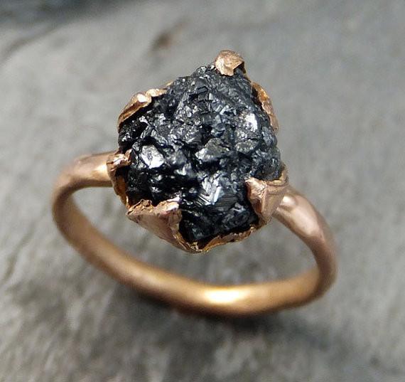 Raw Diamond Solitaire Engagement Ring Rough Uncut gemstone Rose gold Conflict Free Black Diamond Wedding Promise by Angeline - by Angeline