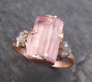 Raw Pink Tourmaline Diamond 14k Rose Gold Multi stone Engagement Ring Wedding Ring One Of a Kind Gemstone Ring Bespoke Three stone Ring - by Angeline