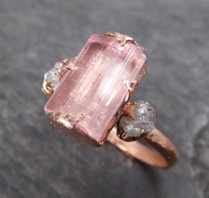 Raw Pink Tourmaline Diamond 14k Rose Gold Multi stone Engagement Ring Wedding Ring One Of a Kind Gemstone Ring Bespoke Three stone Ring - by Angeline