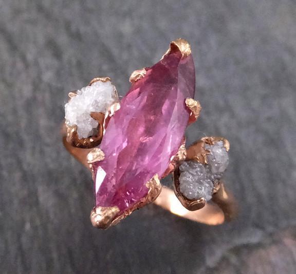 Pink Tourmaline raw rough Conflict Free Multi stone Diamond engagement Ring 14k rose gold byAngeline Bespoke Wedding Once of a kind - by Angeline