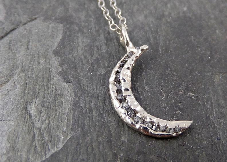 Raw Rough Dainty Diamond 14k White Gold Moon Pendant Charm Necklace black diamond Hammered Moon By Angeline 0854 - Gemstone ring by Angeline