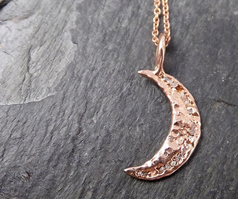 Raw Rough Dainty Diamond 14k Rose Gold Moon Pendant Charm Necklace black diamond By Angeline 0855 - Gemstone ring by Angeline