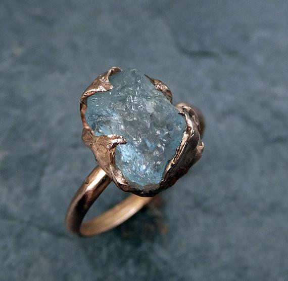 Raw Uncut Aquamarine Ring Solid 14K Rose Gold Ring wedding engagement Rough Gemstone Ring Statement Ring Stacking Cocktail Ring by Angeline - by Angeline