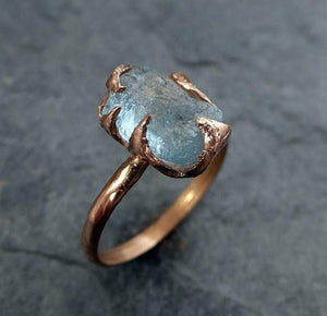 Raw Uncut Aquamarine Ring Solid 14K Rose Gold Ring wedding engagement Rough Gemstone Ring Statement Ring Stacking Cocktail Ring by Angeline - by Angeline