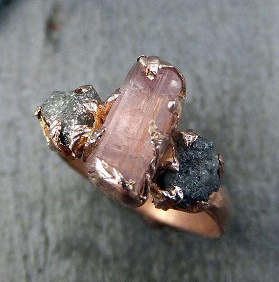 Raw Pink Tourmaline Diamond 14k Rose Gold Engagement Ring Wedding Ring One Of a Kind Gemstone Ring Bespoke Three stone Ring by Angeline - by Angeline