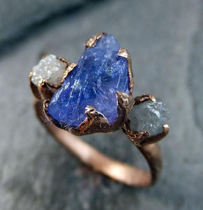 Raw Diamond Tanzanite Gemstone 14k Rose Gold Engagement Ring Wedding Ring One Of a Kind Gemstone Ring Bespoke Three stone Ring by Angeline - by Angeline