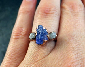 Raw Diamond Tanzanite Gemstone 14k Rose Gold Engagement Ring Wedding Ring One Of a Kind Gemstone Ring Bespoke Three stone Ring by Angeline - by Angeline