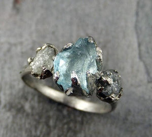 Raw Uncut Aquamarine Diamond White Gold Engagement Ring Wedding Ring Custom One Of a Kind Gemstone Ring Bespoke Three stone Ring by Angeline - by Angeline