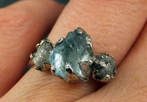 Raw Uncut Aquamarine Diamond White Gold Engagement Ring Wedding Ring Custom One Of a Kind Gemstone Ring Bespoke Three stone Ring by Angeline - by Angeline