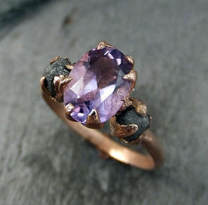 Raw Diamond Amethyst Gemstone 14k Rose Gold Engagement Ring Wedding Ring One Of a Kind Gemstone Ring Bespoke Three stone Ring by Angeline - by Angeline