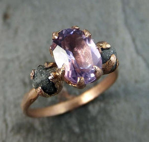 Raw Diamond Amethyst Gemstone 14k Rose Gold Engagement Ring Wedding Ring One Of a Kind Gemstone Ring Bespoke Three stone Ring by Angeline - by Angeline