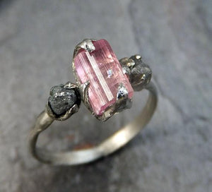 Raw Pink Tourmaline Diamond 14k white Gold Engagement Ring Wedding Ring One Of a Kind Gemstone Ring Bespoke Three stone Ring by Angeline - by Angeline