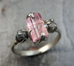 Raw Pink Tourmaline Diamond 14k white Gold Engagement Ring Wedding Ring One Of a Kind Gemstone Ring Bespoke Three stone Ring by Angeline - by Angeline