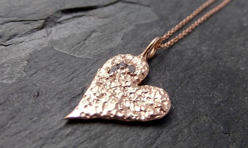 Raw Rough Dainty Diamond Rose Gold Heart Pendant Charm Necklace Pink Hammered Heart By Angeline 0881 - Gemstone ring by Angeline