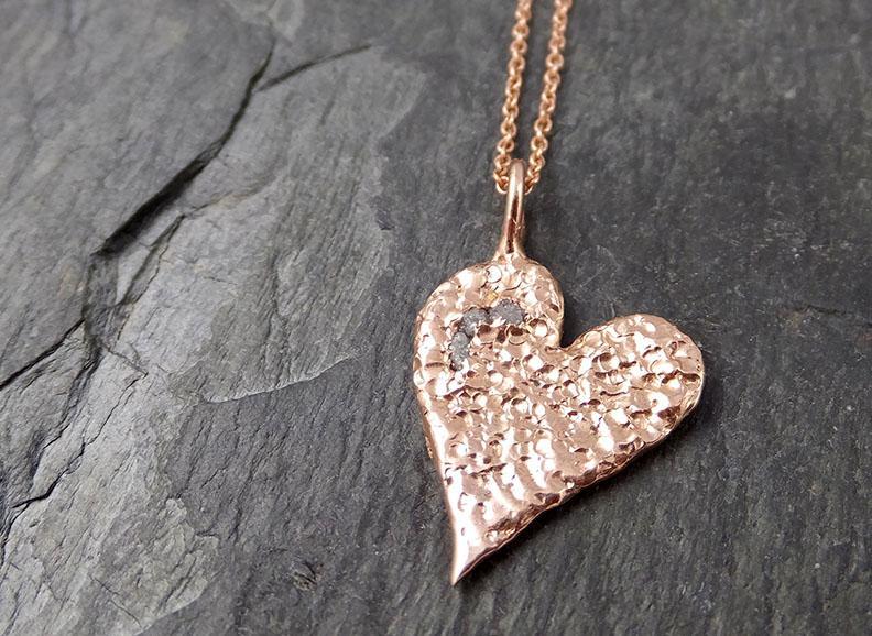 Raw Rough Dainty Diamond Rose Gold Heart Pendant Charm Necklace Pink Hammered Heart By Angeline 0881 - Gemstone ring by Angeline