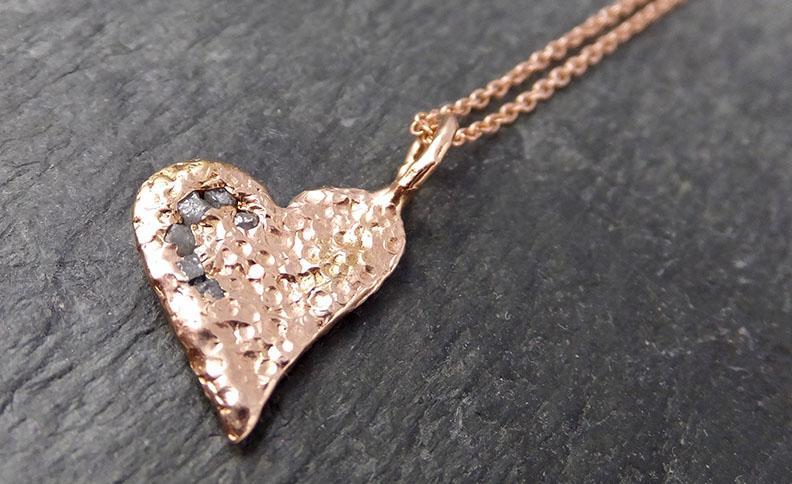 Raw Rough Dainty Diamond Rose Gold Heart Pendant Charm Necklace Pink Hammered Heart By Angeline 0882 - Gemstone ring by Angeline