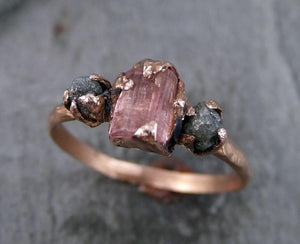 Raw Pink Tourmaline Diamond 14k Rose Gold Engagement Ring Wedding One Of a Kind Gemstone Ring Bespoke Three stone Ring by Angeline - by Angeline
