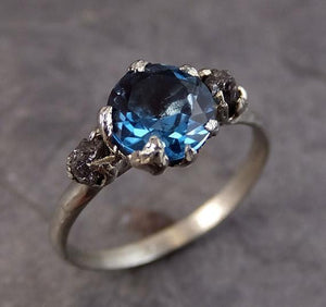 Raw Uncut Diamond London Blue Topaz White Gold Engagement Ring Wedding Custom One Of a Kind Gemstone Bespoke Three stone Ring by Angeline - by Angeline