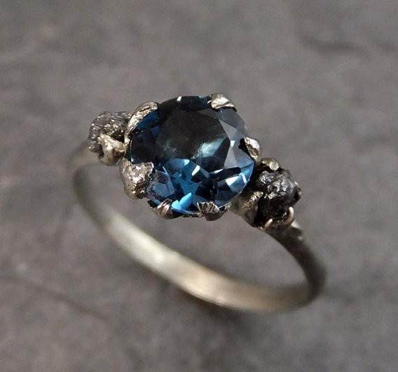 Raw Uncut Diamond London Blue Topaz White Gold Engagement Ring Wedding Custom One Of a Kind Gemstone Bespoke Three stone Ring by Angeline - by Angeline
