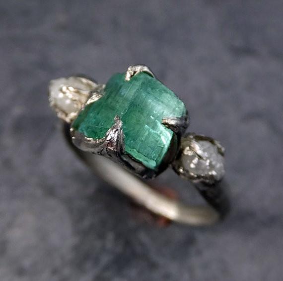 Raw sea green Tourmaline Diamond White Gold Multi stone Engagement Ring Wedding Ring One Of a Kind Gemstone Ring Bespoke Three stone Ring by Angeline w006 - by Angeline