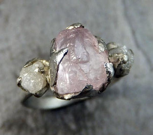 Raw Morganite Diamond White Gold Engagement Ring Wedding Ring Custom One Of a Kind Gemstone Ring Bespoke Three stone Ring by Angeline - by Angeline